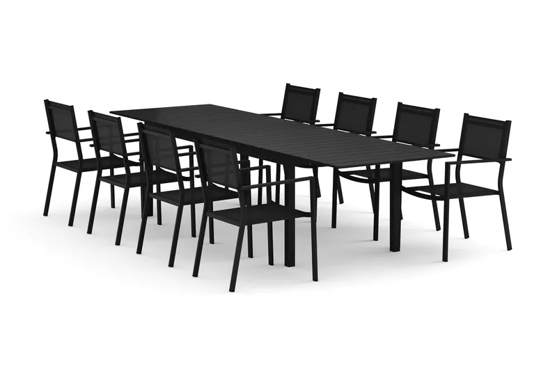 Tunis utendørs spisegruppe uttrekkbar 205/305x90 cm med 8 Tunis stablestoler, Svart/Svart