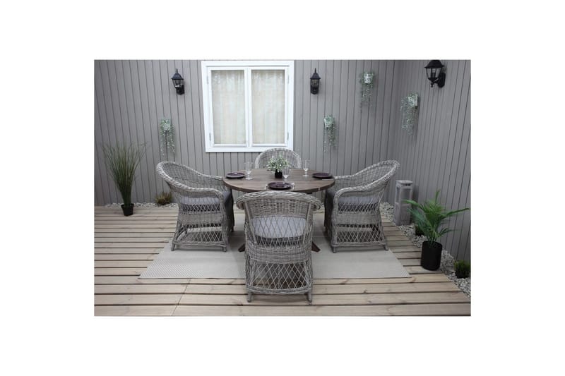 Utendørs møbelgruppe Ø 112 cm bord & 4 Merida grå stoler Brun - Brun - Hagemøbler - Hagegruppe - Spisegrupper hage