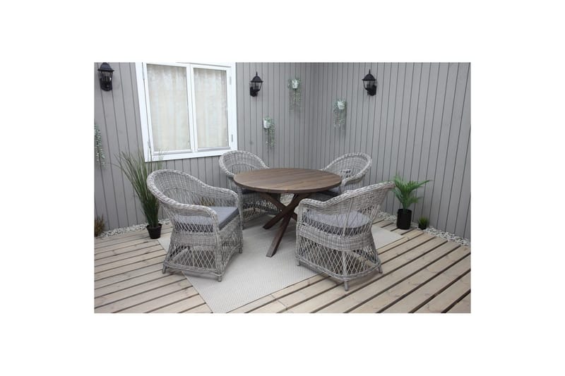 Utendørs møbelgruppe Ø 112 cm bord & 4 Merida grå stoler Brun - Brun - Hagemøbler - Hagegruppe - Spisegrupper hage