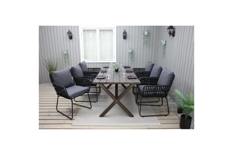 Utendørs møbelgruppe 190 cm Bord & 6 Levanto grå stoler Brun - Brun - Hagemøbler - Hagegruppe - Spisegrupper hage