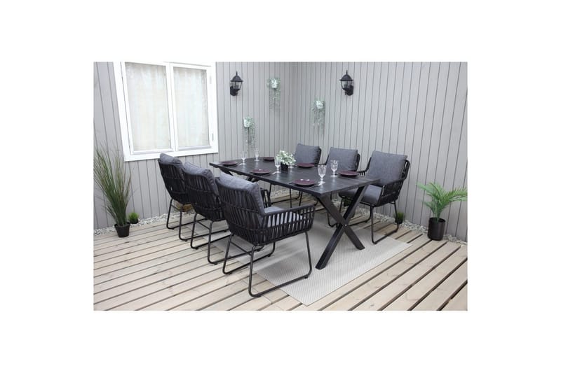 Utendørs møbelgruppe 190 cm Bord & 6 Levanto grå stoler Svart - Svart - Hagemøbler - Hagegruppe - Spisegrupper hage