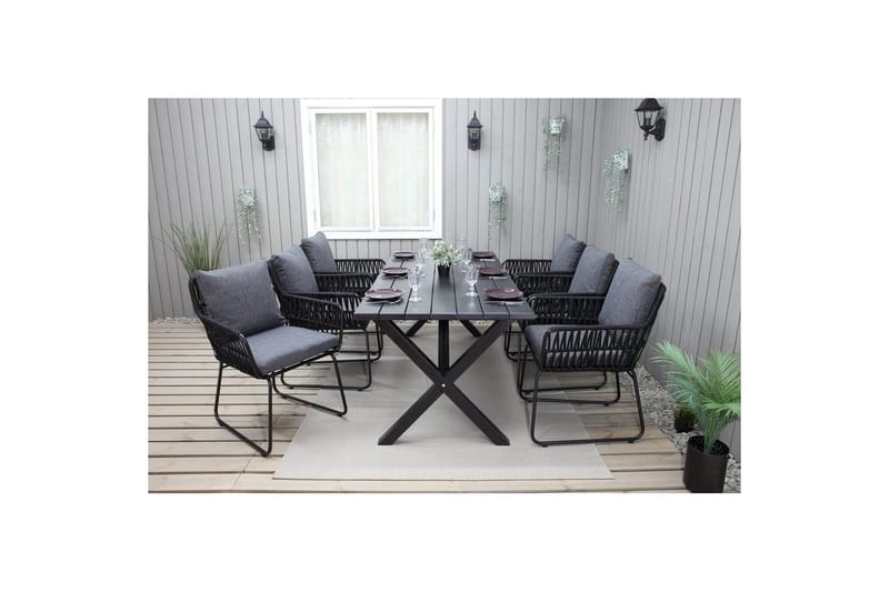 Utendørs møbelgruppe 190 cm Bord & 6 Levanto grå stoler Svart - Svart - Hagemøbler - Hagegruppe - Spisegrupper hage