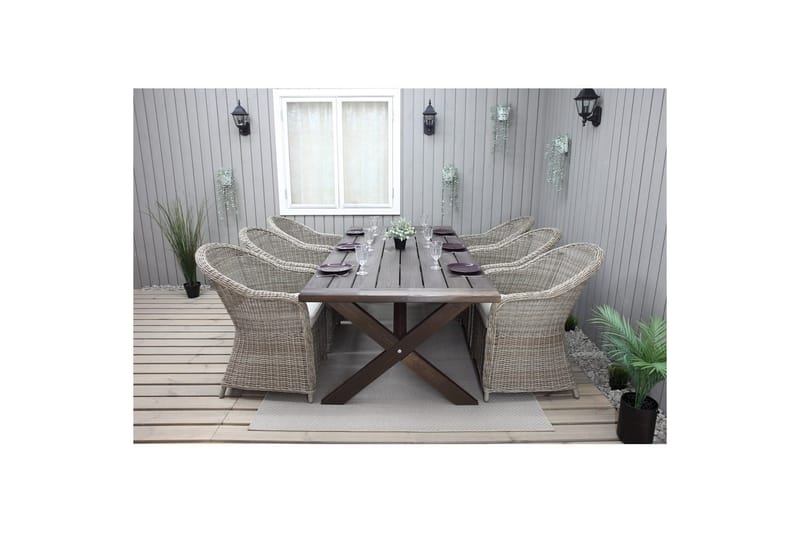 Utendørs møbelgruppe 220 cm bord 26 6 Belize naturstoler Brun - Brun - Hagemøbler - Hagegruppe - Spisegrupper hage