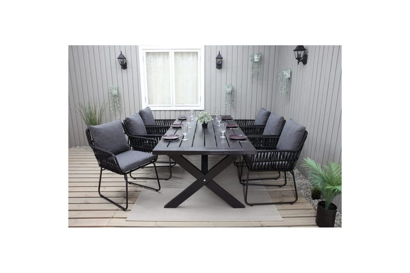 Utendørs møbelgruppe 220 cm bord 26 6 Levanto grå stoler Svart - Svart - Hagemøbler - Hagegruppe - Spisegrupper hage