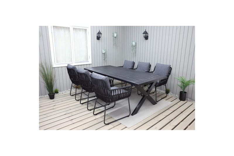 Utendørs møbelgruppe 220 cm bord 26 6 Levanto grå stoler Svart - Svart - Hagemøbler - Hagegruppe - Spisegrupper hage