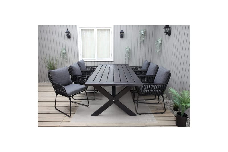 Utendørs møbelgruppe 220 cm bord 26 6 Levanto grå stoler Svart - Svart - Hagemøbler - Hagegruppe - Spisegrupper hage