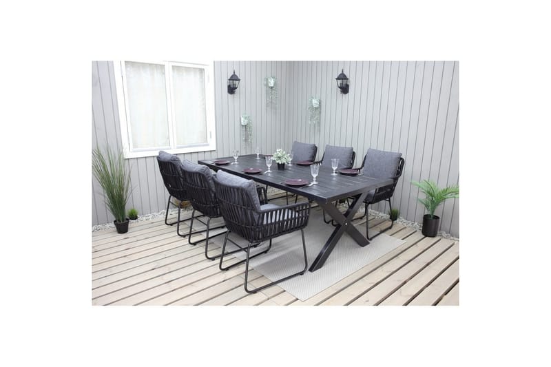 Utendørs møbelgruppe 220 cm bord 26 6 Levanto grå stoler Svart - Svart - Hagemøbler - Hagegruppe - Spisegrupper hage