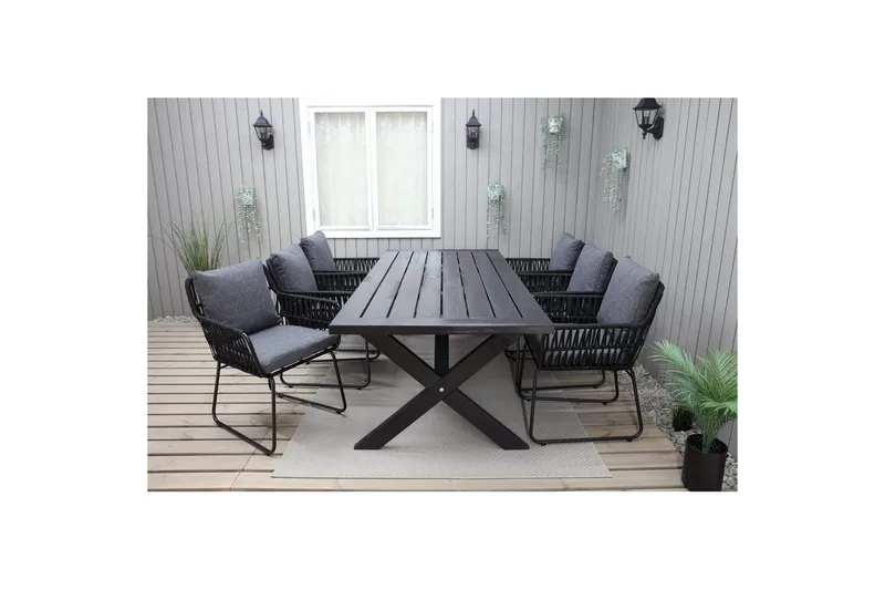 Utendørs møbelgruppe 220 cm bord 26 6 Levanto grå stoler Svart, Svart
