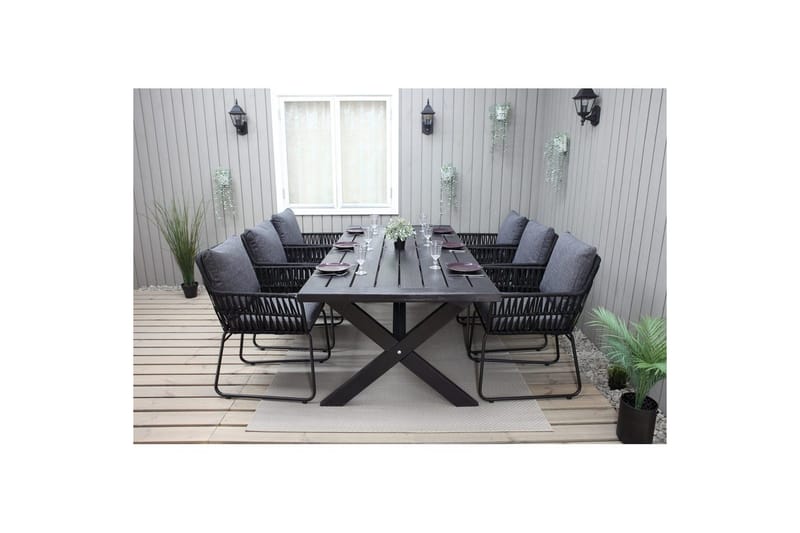Utendørs møbelgruppe 220 cm bord 26 6 Levanto grå stoler Svart - Svart - Hagemøbler - Hagegruppe - Spisegrupper hage