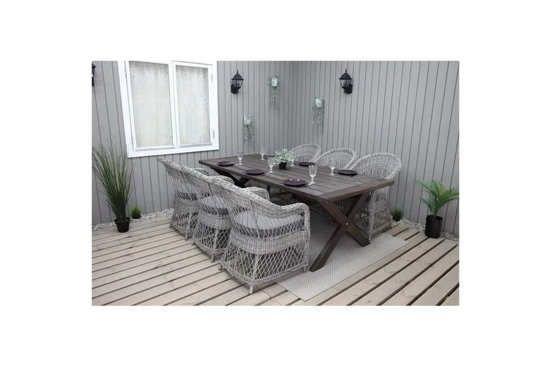 Utendørs møbelgruppe 220 cm bord 26 6 Merida grå stoler Brun - Brun - Hagemøbler - Hagegruppe - Spisegrupper hage