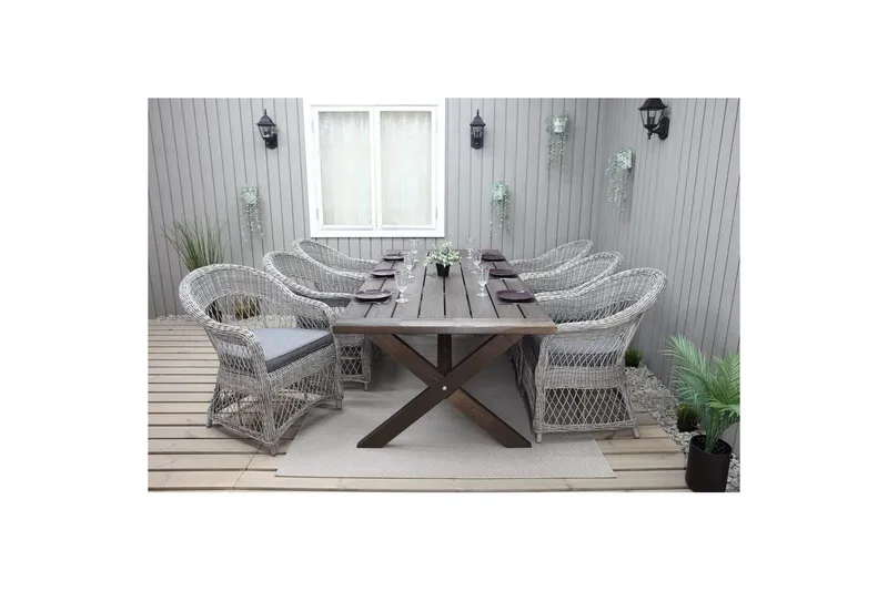 Utendørs møbelgruppe 220 cm bord 26 6 Merida grå stoler Brun - Brun - Hagemøbler - Hagegruppe - Spisegrupper hage