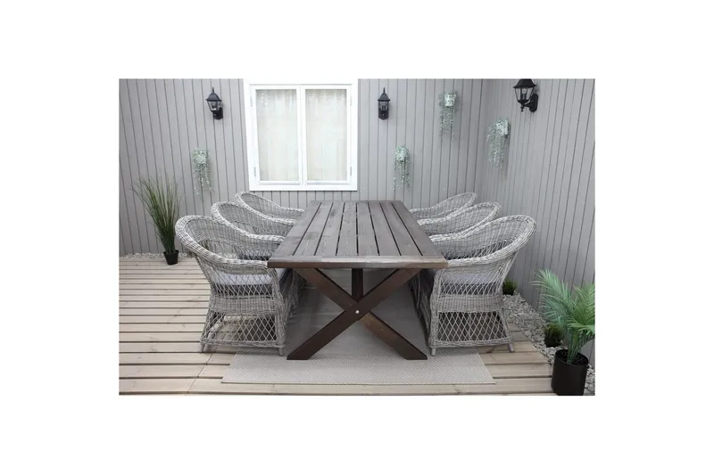 Utendørs møbelgruppe 220 cm bord 26 6 Merida grå stoler Brun - Brun - Hagemøbler - Hagegruppe - Spisegrupper hage