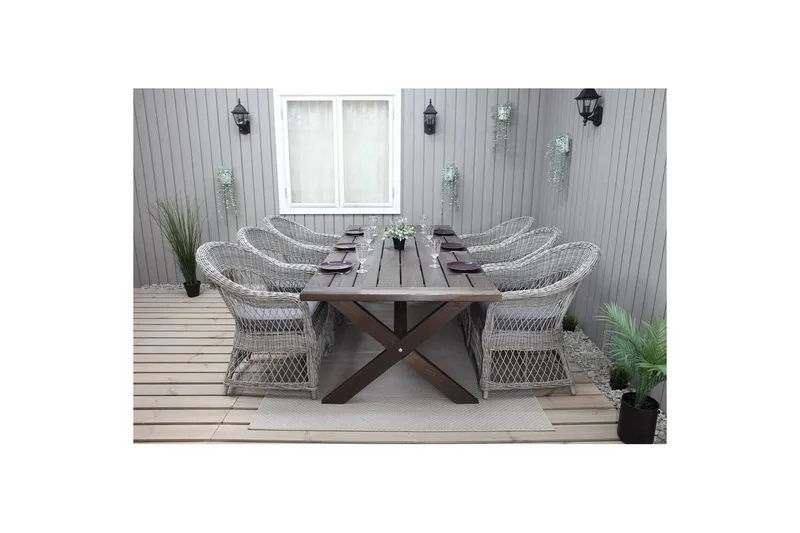 Utendørs møbelgruppe 220 cm bord 26 6 Merida grå stoler Brun - Brun - Hagemøbler - Hagegruppe - Spisegrupper hage