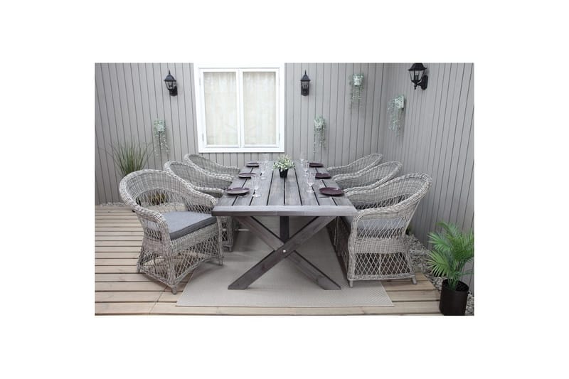 Utendørs møbelgruppe 220 cm bord 26 6 Merida grå stoler Grå - Grå - Hagemøbler - Hagegruppe - Spisegrupper hage