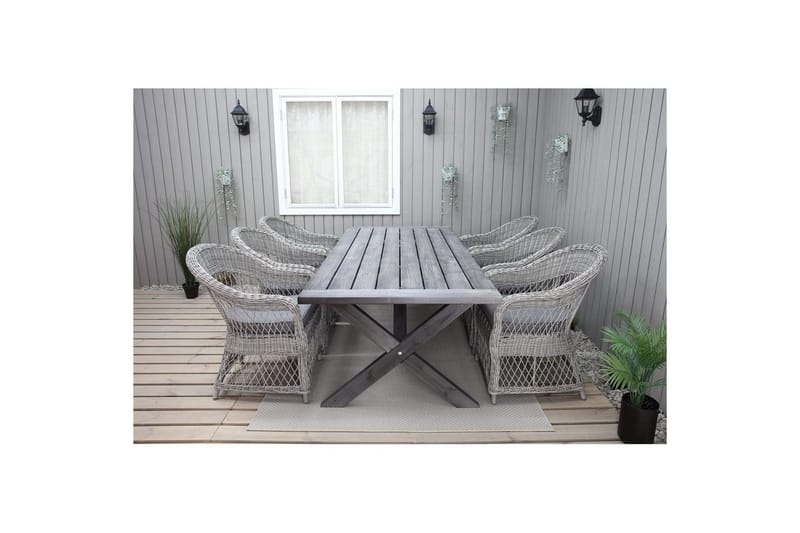 Utendørs møbelgruppe 220 cm bord 26 6 Merida grå stoler Grå - Grå - Hagemøbler - Hagegruppe - Spisegrupper hage