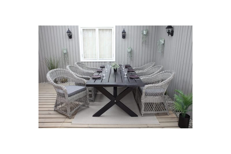 Utendørs møbelgruppe 220 cm bord 26 6 Merida grå stoler Svart - Svart - Hagemøbler - Hagegruppe - Spisegrupper hage