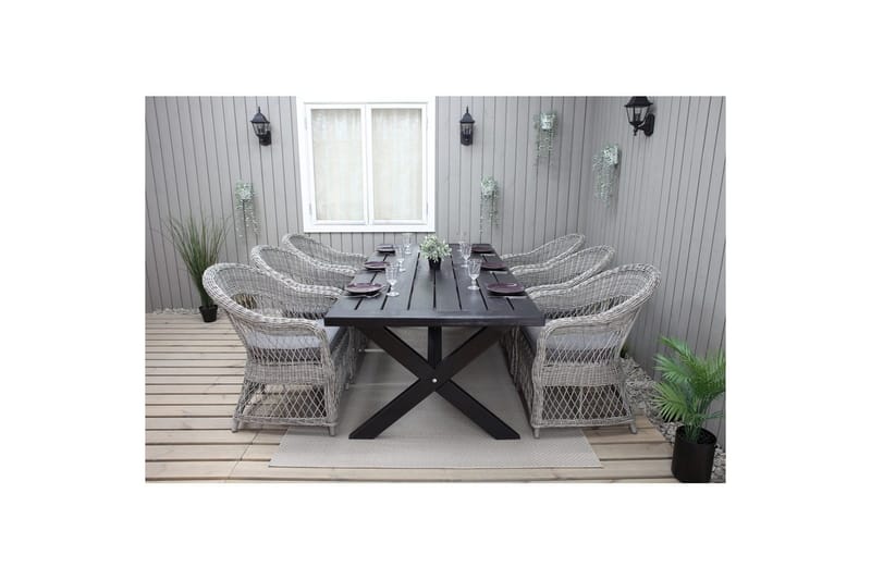 Utendørs møbelgruppe 220 cm bord 26 6 Merida grå stoler Svart - Svart - Hagemøbler - Hagegruppe - Spisegrupper hage