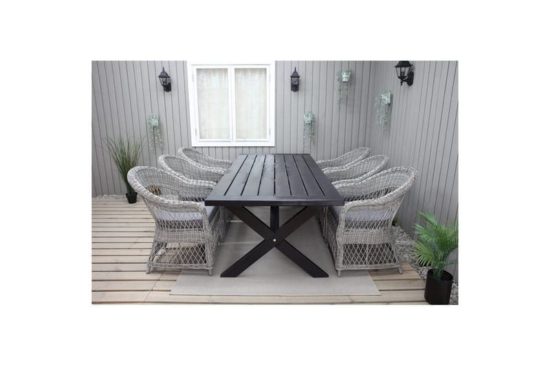 Utendørs møbelgruppe 220 cm bord 26 6 Merida grå stoler Svart - Svart - Hagemøbler - Hagegruppe - Spisegrupper hage