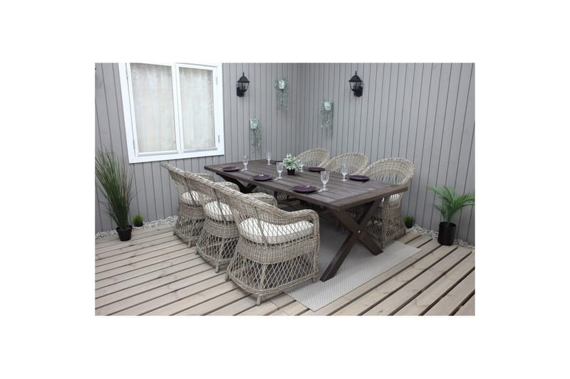 Utendørs møbelgruppe 220 cm bord 26 6 Merida naturstoler Brun - Brun - Hagemøbler - Hagegruppe - Spisegrupper hage