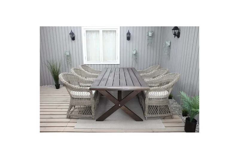 Utendørs møbelgruppe 220 cm bord 26 6 Merida naturstoler Brun - Brun - Hagemøbler - Hagegruppe - Spisegrupper hage