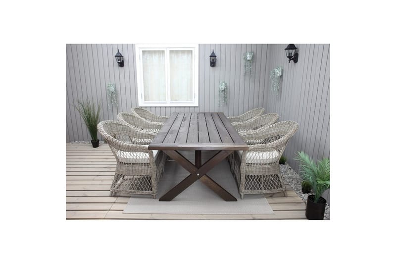 Utendørs møbelgruppe 220 cm bord 26 6 Merida naturstoler Brun - Brun - Hagemøbler - Hagegruppe - Spisegrupper hage