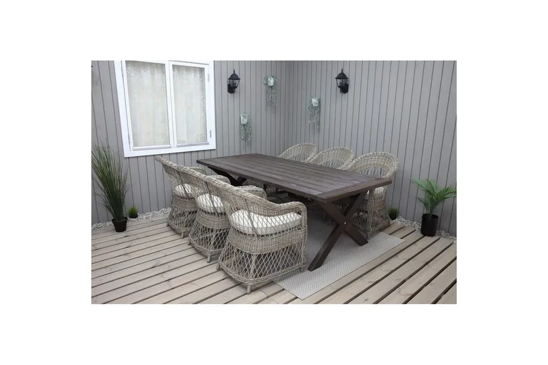 Utendørs møbelgruppe 220 cm bord 26 6 Merida naturstoler Brun, Brun