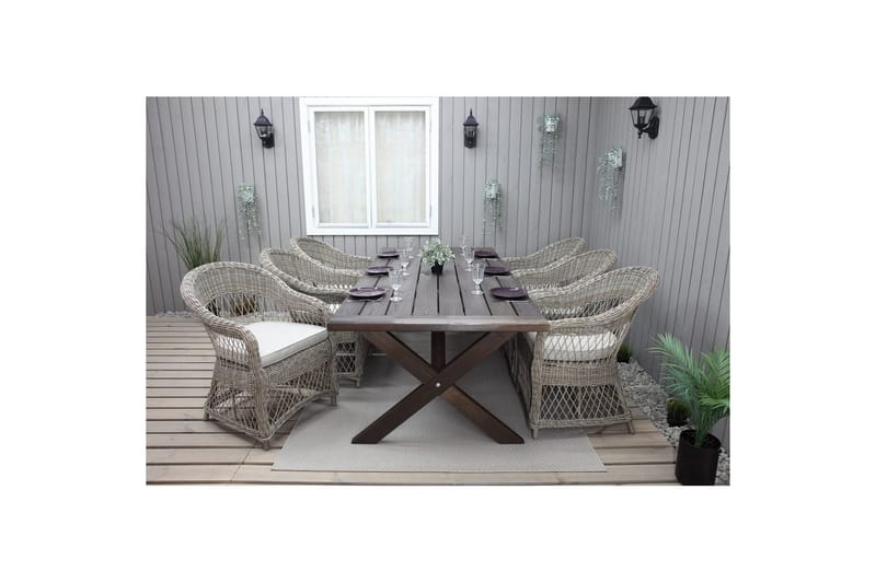 Utendørs møbelgruppe 220 cm bord 26 6 Merida naturstoler Brun - Brun - Hagemøbler - Hagegruppe - Spisegrupper hage