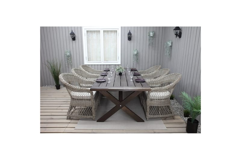 Utendørs møbelgruppe 220 cm bord 26 6 Merida naturstoler Brun - Brun - Hagemøbler - Hagegruppe - Spisegrupper hage