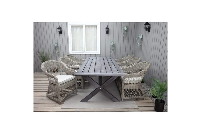 Utendørs møbelgruppe 220 cm bord 26 6 Merida naturstoler Grå - Grå - Hagemøbler - Hagegruppe - Spisegrupper hage