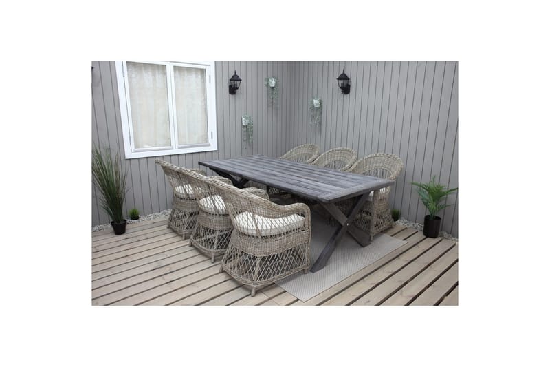 Utendørs møbelgruppe 220 cm bord 26 6 Merida naturstoler Grå - Grå - Hagemøbler - Hagegruppe - Spisegrupper hage