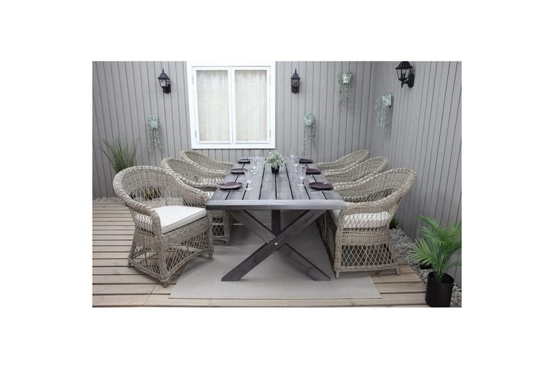 Utendørs møbelgruppe 220 cm bord 26 6 Merida naturstoler Grå - Grå - Hagemøbler - Hagegruppe - Spisegrupper hage