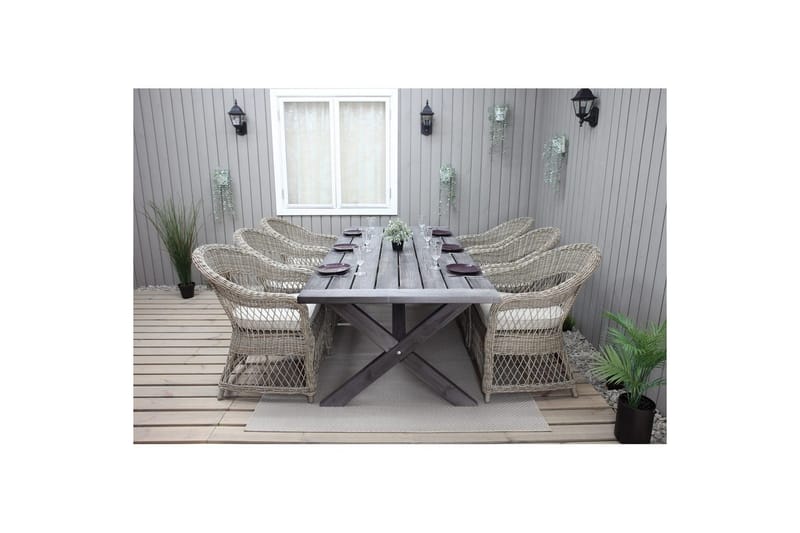 Utendørs møbelgruppe 220 cm bord 26 6 Merida naturstoler Grå - Grå - Hagemøbler - Hagegruppe - Spisegrupper hage