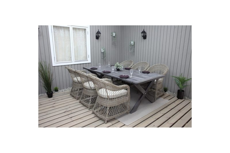 Utendørs møbelgruppe 220 cm bord 26 6 Merida naturstoler Grå - Grå - Hagemøbler - Hagegruppe - Spisegrupper hage