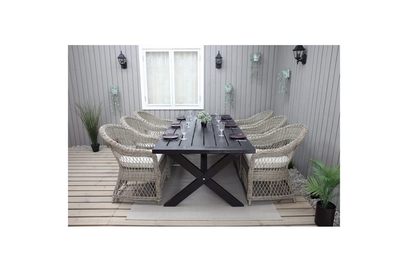 Utendørs møbelgruppe 220 cm bord 26 6 Merida naturstoler Svart - Svart - Hagemøbler - Hagegruppe - Spisegrupper hage