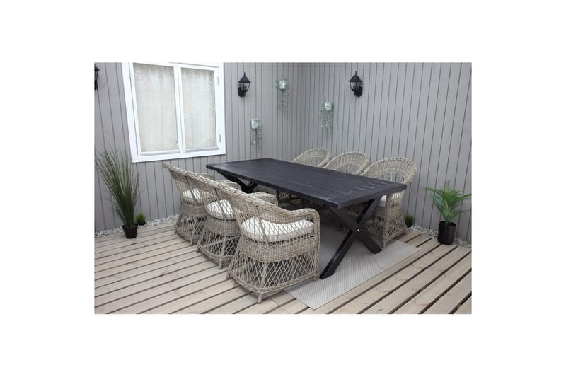 Utendørs møbelgruppe 220 cm bord 26 6 Merida naturstoler Svart - Svart - Hagemøbler - Hagegruppe - Spisegrupper hage