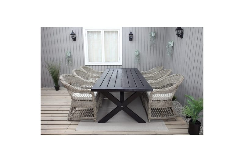 Utendørs møbelgruppe 220 cm bord 26 6 Merida naturstoler Svart - Svart - Hagemøbler - Hagegruppe - Spisegrupper hage