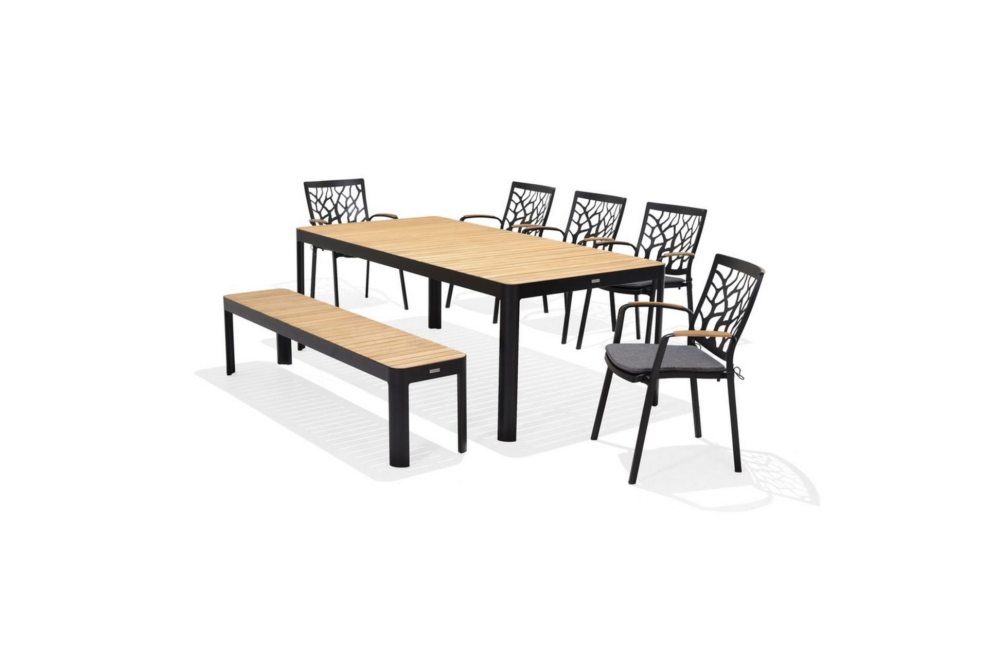 Utendørs møbelgruppe Lifestyle Garden Portals 209 cm 5 tresnekkerstoler + benk - 5 tresnekkerstoler + benk - Hagemøbler - Hagegruppe - Spisegrupper hage