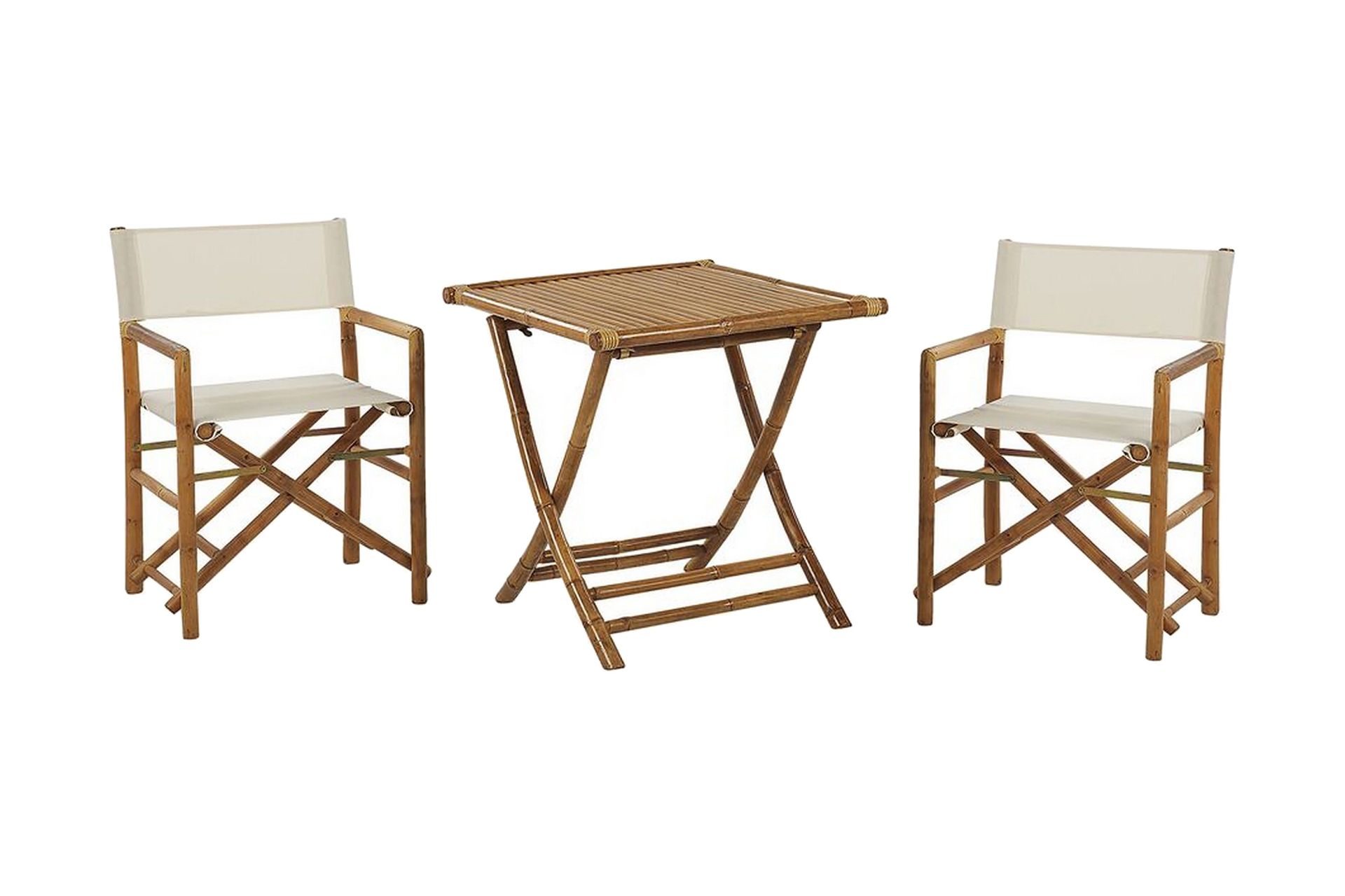 Bistrosett av bambus Naturlig tre Beige stoffsete 2 sammenleggbare direktørstoler og sidebord