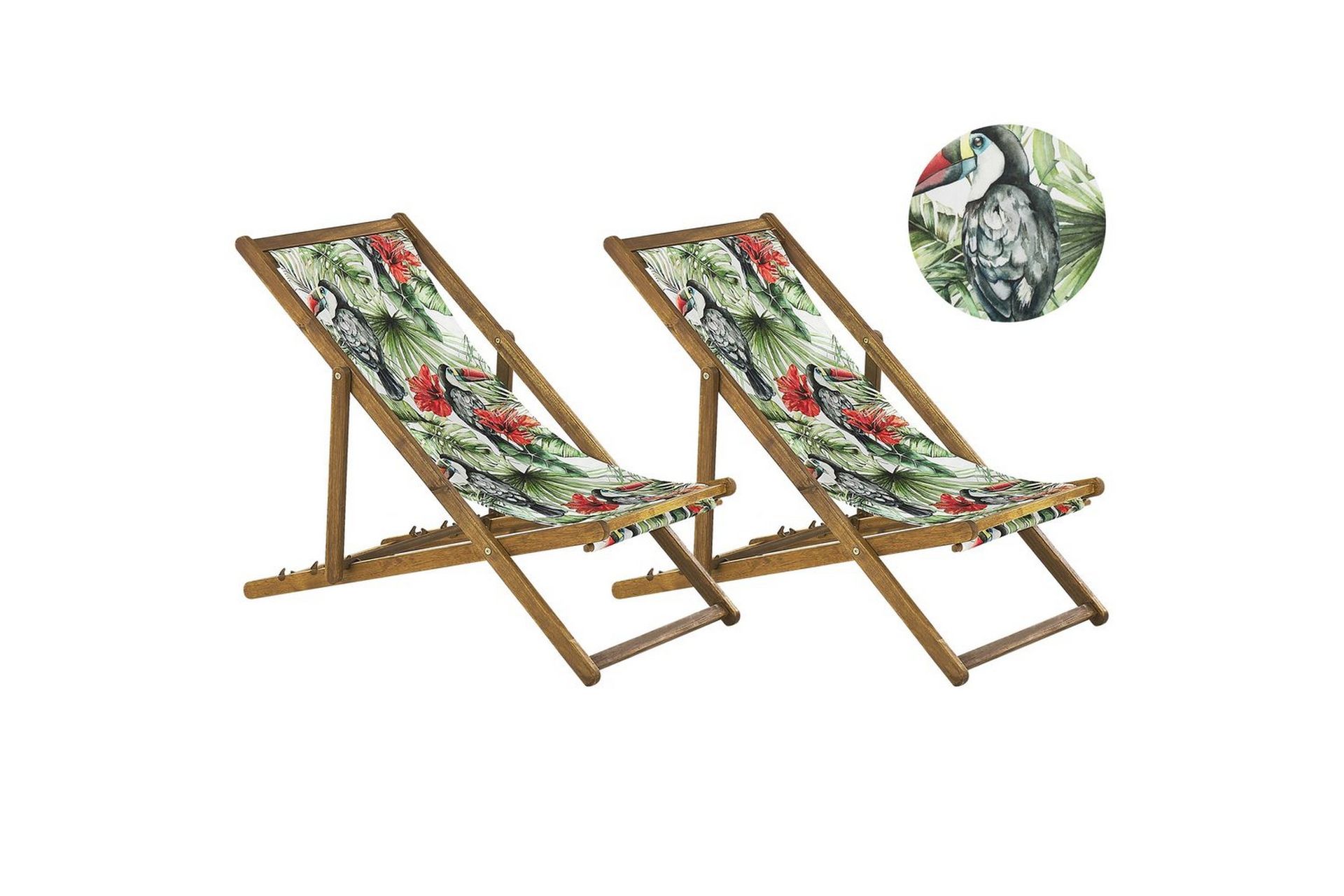Sett med 2 Hagestoler Akasietre tukanmotiv Stoff Hengekøye Sete Tilbakelent Sammenleggbar Solseng