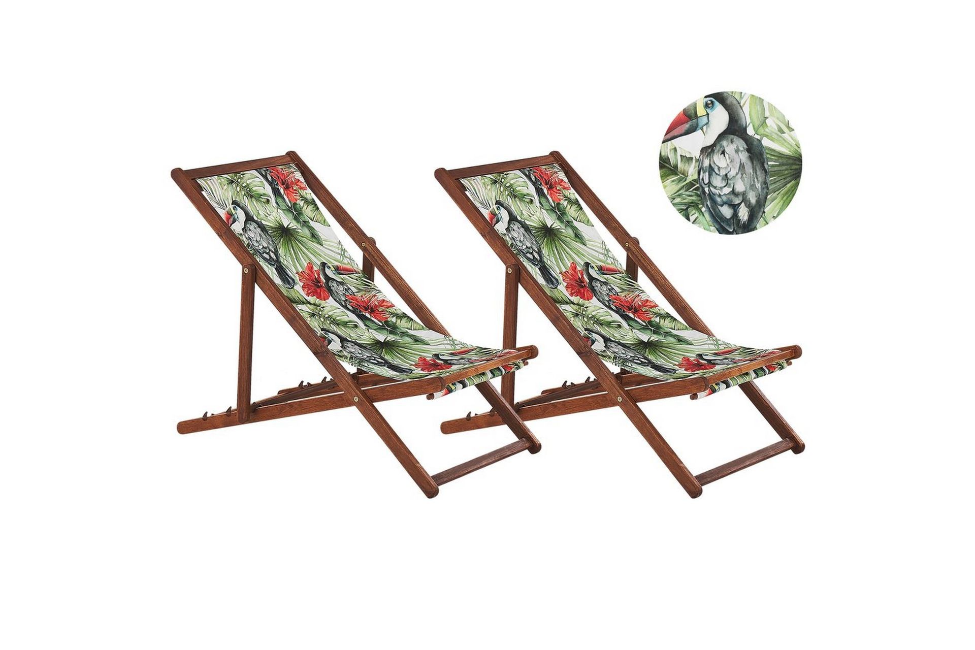 Sett med 2 Solsenger Akasietre Tukanmønster Stoff Hengekøye Sete Tilbakelent Sammenleggbar Solseng