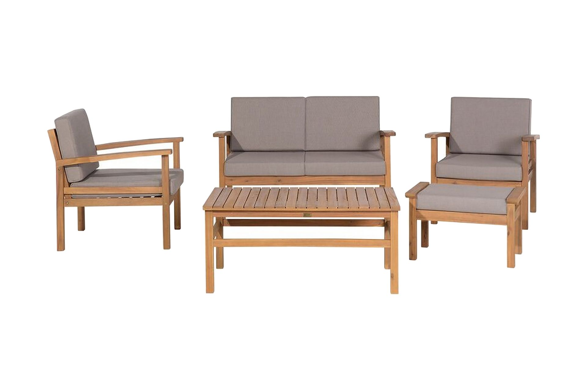 Hagesett i 5 deler Lyst tre med lysegrå puter Sofa Lenestol Salongbord