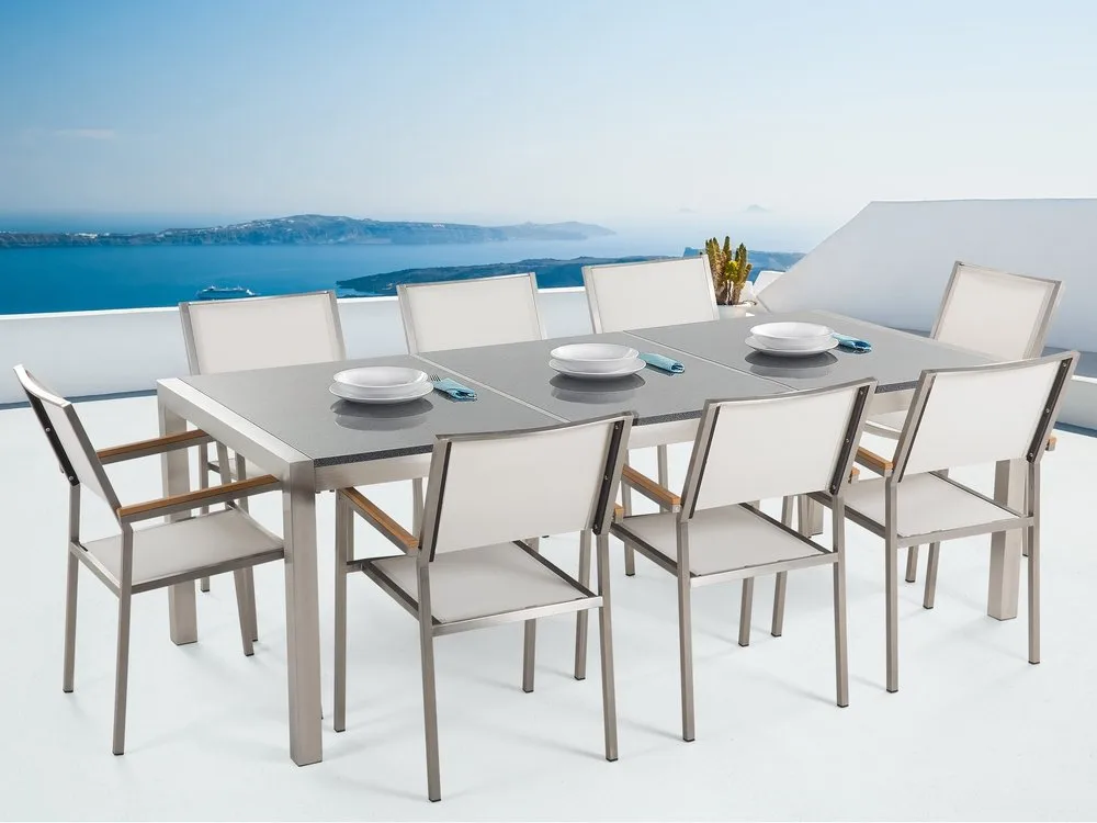 Hagemøbelsett Hvit med grått granitt bord 220 x 100 cm 8-seter Hage Utendørs Terrasse
