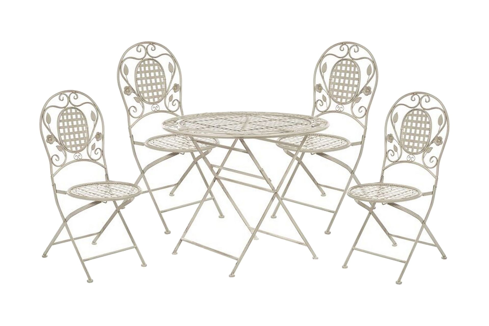 Hage Spisestuesett Off-White Jern Sammenleggbart 4-seter Distressed Metall 4 Stoler Bord Utendørs UV Fransk Retro Stil