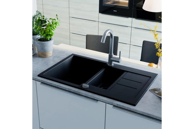 Kjøkkenvask i granitt dobbel kum svart - Vask renere - Rørleggerverktøy