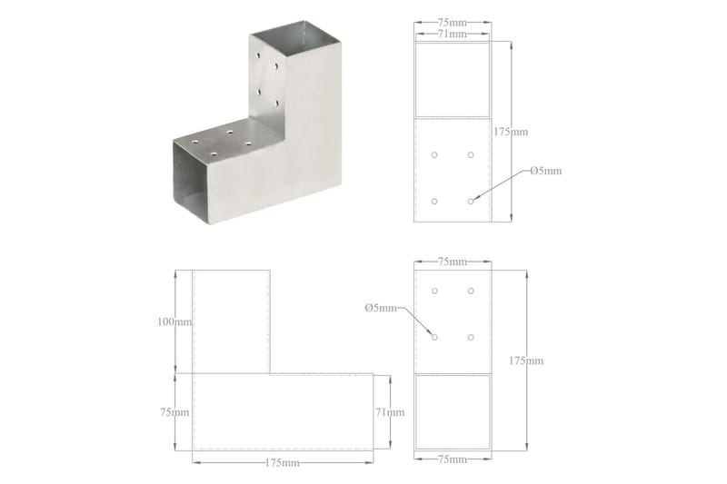 Stolpesko 4 stk L-form galvanisert metall 71x71 mm - Gjerdestolpe