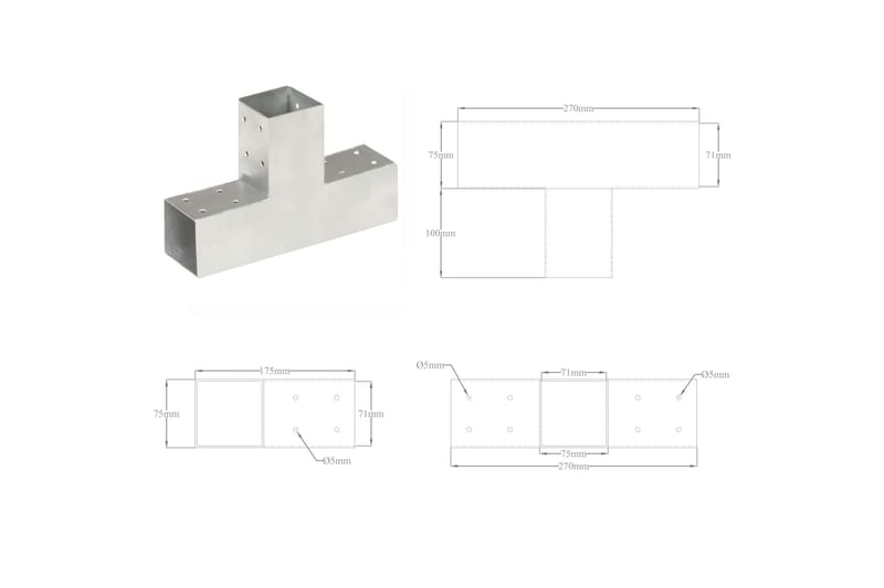 Stolpesko 4 stk T-form galvanisert metall 71x71 mm - Gjerdestolpe