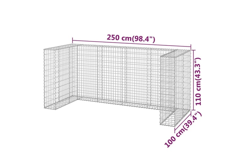 Gabion for søppeldunkskur galvanisert stål 250x100x110 cm - Silver - Gabion