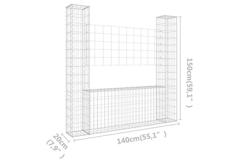 Gabionkurv u-formet med 2 stolper jern 140x20x150 cm - Silver - Hus & oppussing - Innsynsbeskyttelse & innhegning - Mur