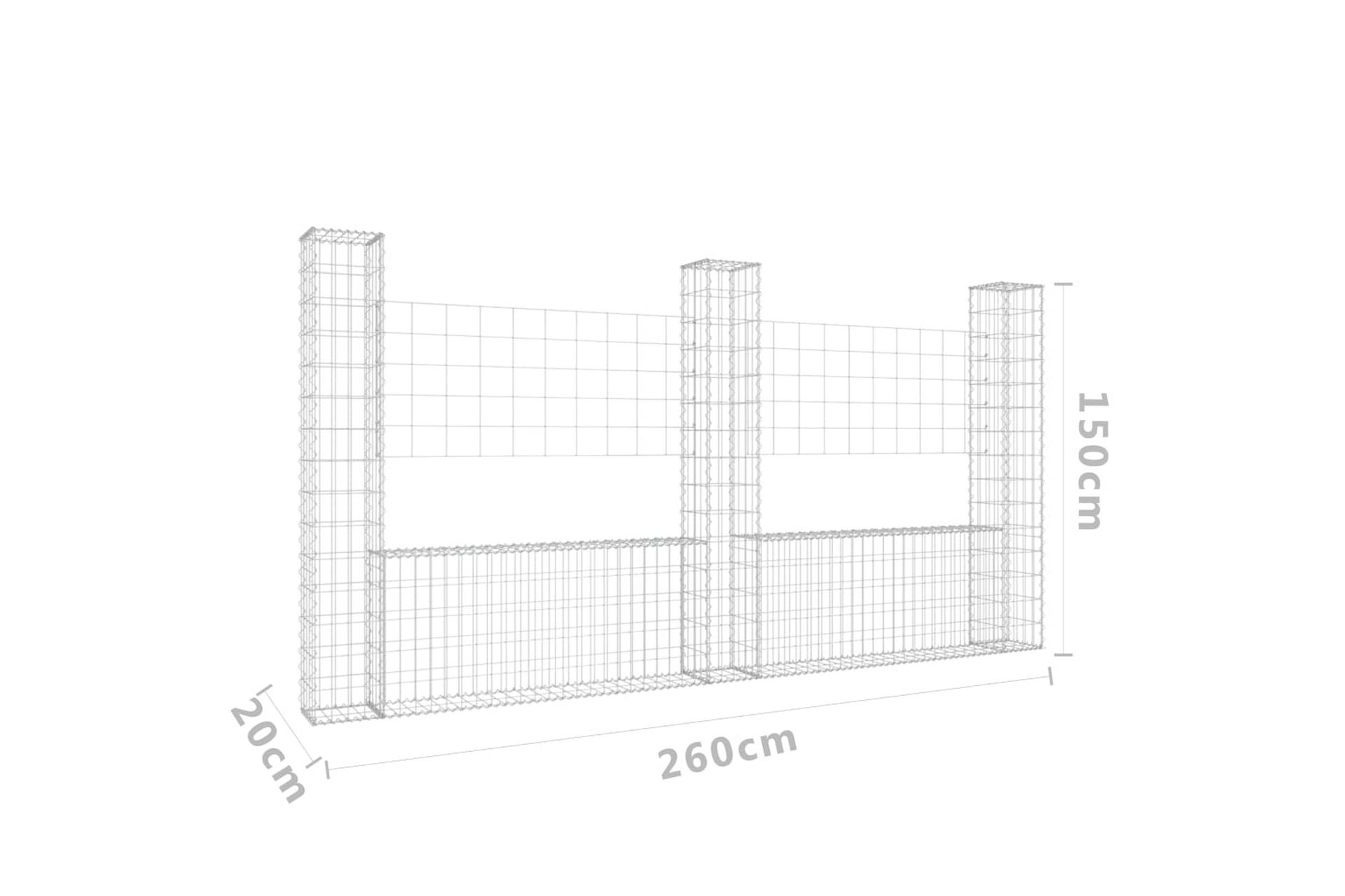 Gabionkurv u-formet med 3 stolper 260x20x150 cm jern - Silver - Hus & oppussing - Innsynsbeskyttelse & innhegning - Mur