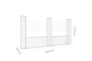 Gabionkurv u-formet med 3 stolper 260x20x150 cm jern - Silver - Hus & oppussing - Innsynsbeskyttelse & innhegning - Mur